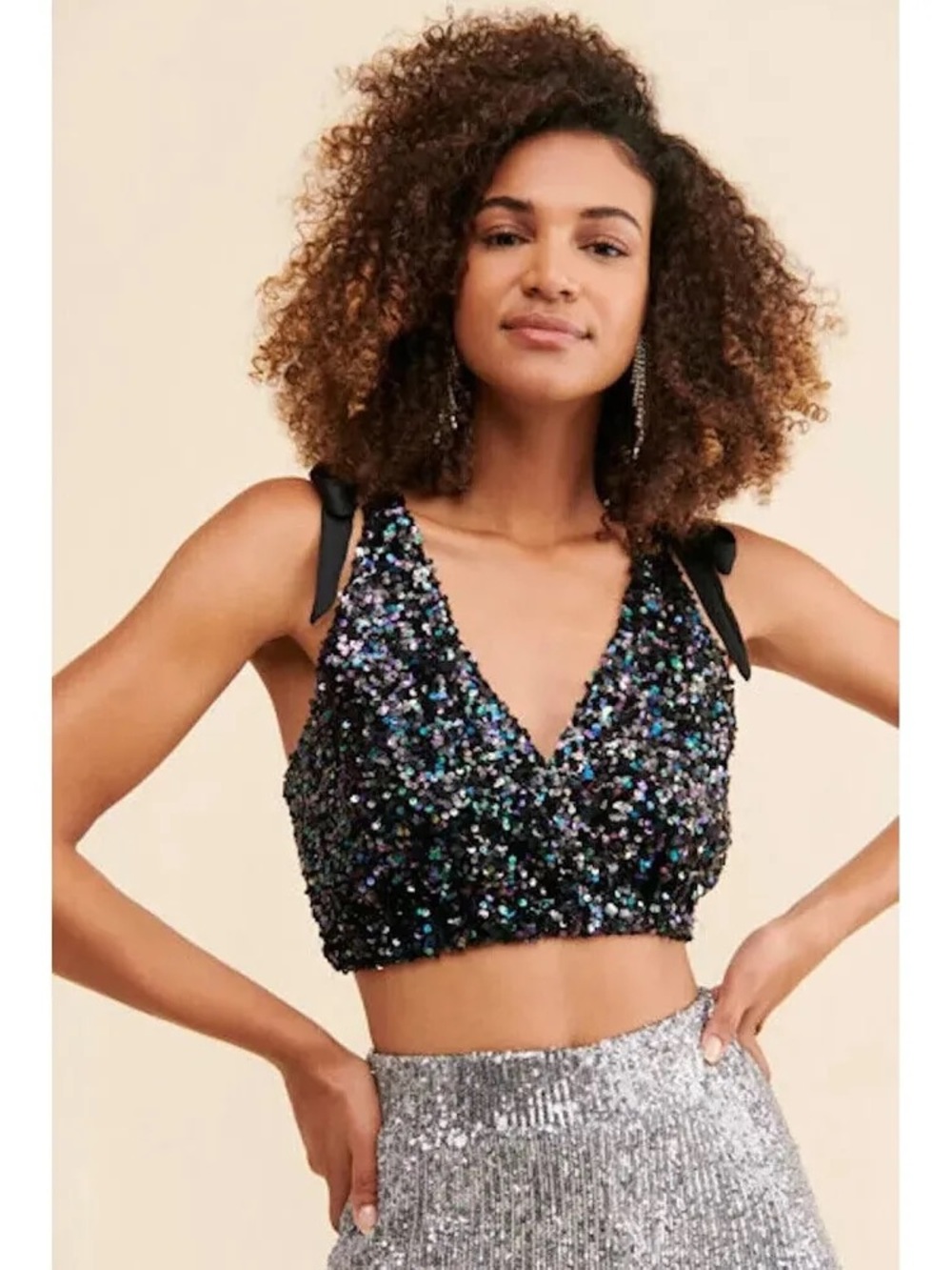 Free People Black Multi-Sequin Tie-Shoulder V-Neck Crop Top
